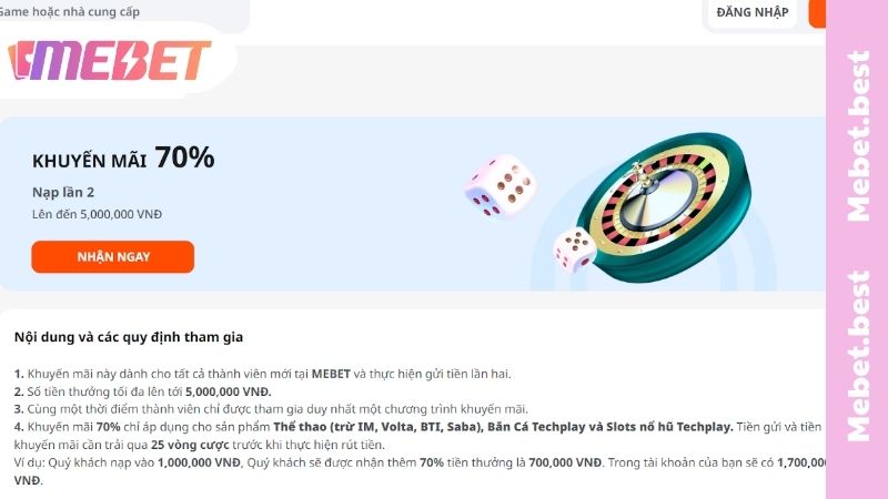 Khuyến Mãi MEBET - Tổng Hợp Ưu Đãi Mới Và Khủng 2026 Chương trình khuyến mãi 70% nạp lần 2 lên đến 5.000.000 VNĐ