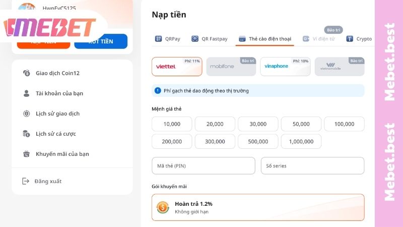 Hướng dẫn thao tác nạp tiền MEBET chính xác 